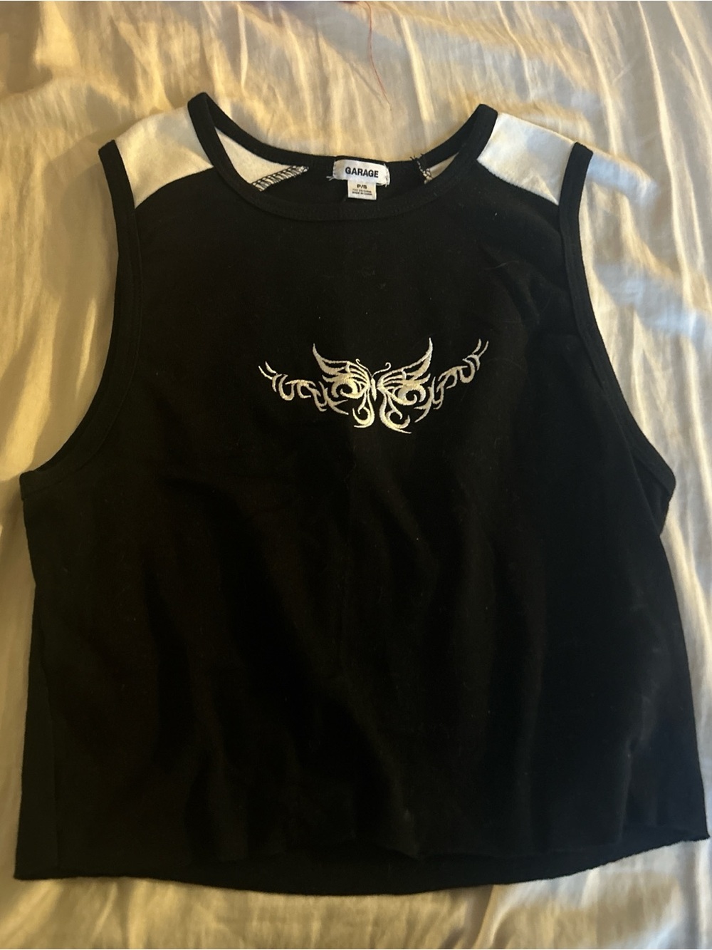 Garage Black Tank Top with White Shoulder Panels and Silver Graphic